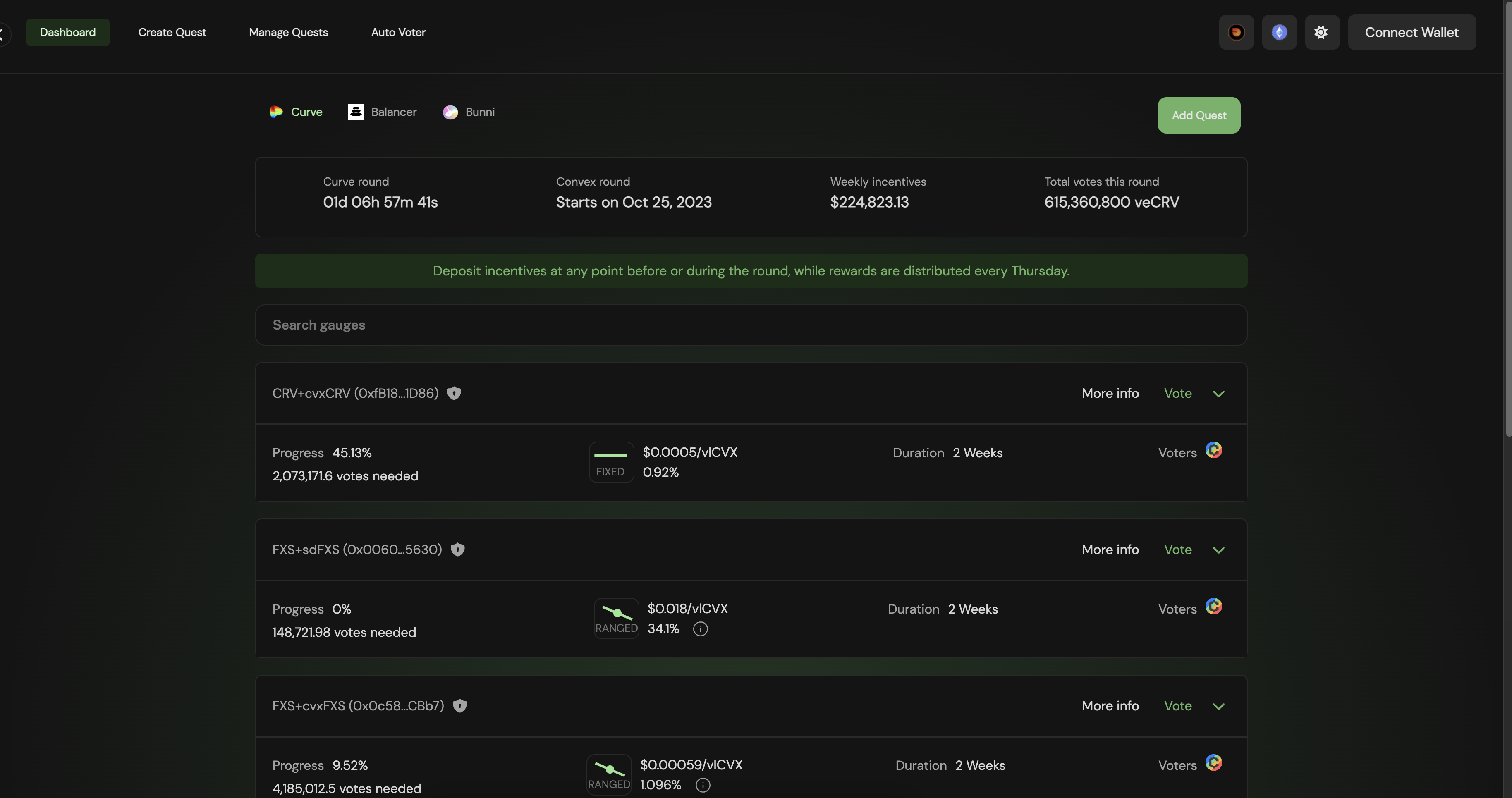 Active vote incentives are listed